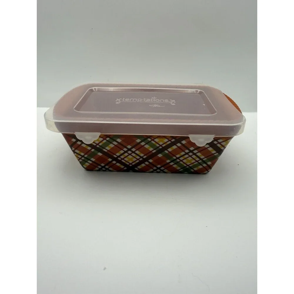 Temp-Tations By Tara 12 Ounce Mini Loaf Dish Red/White/Blue Plaid With Lid